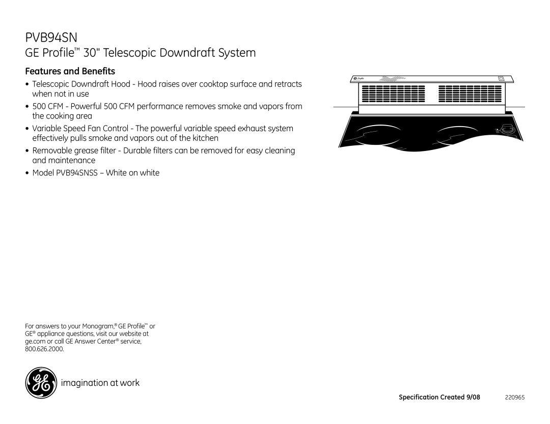 GE PVB94SNSS dimensions Features and Benefits 