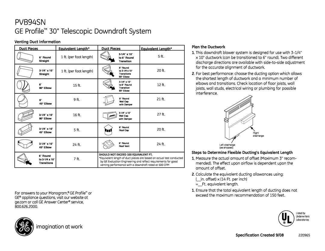 GE PVB94SNSS dimensions GE Profile 30 Telescopic Downdraft System, Venting Duct Information, Plan the Ductwork 