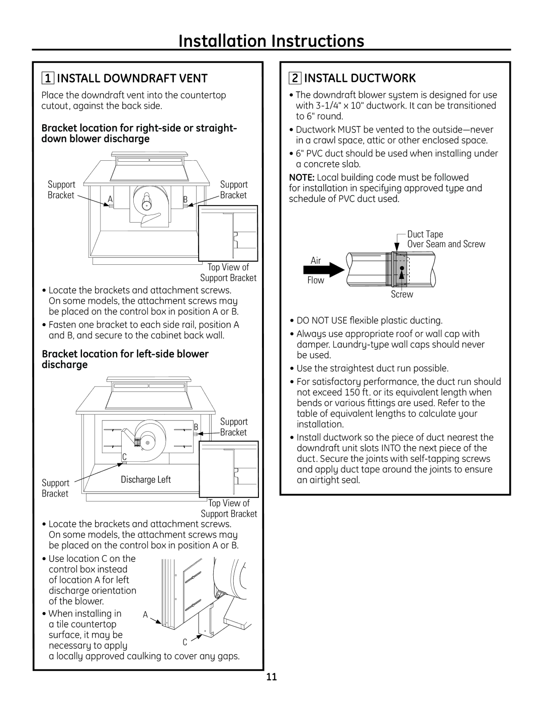 GE PVB67, PVB98, PVB37, PVB94 installation instructions Installation Instructions, Install Downdraft Vent, Install Ductwork 