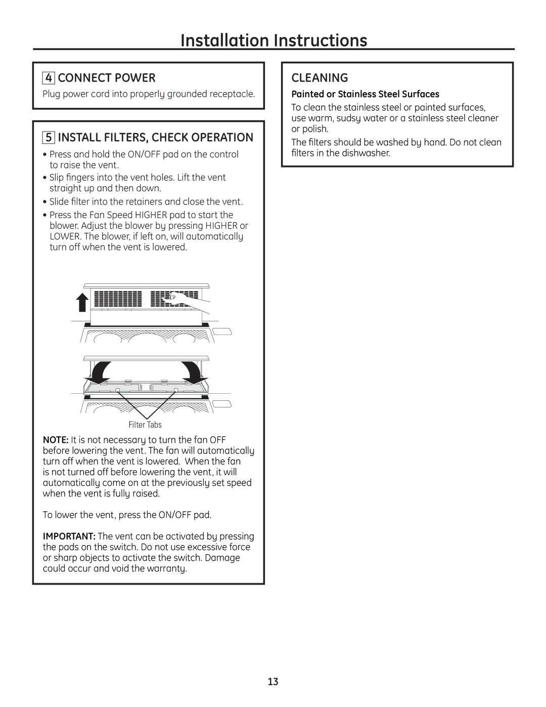 GE PVB37 Connect Power, Cleaning, Plug power cord into properly grounded receptacle, Painted or Stainless Steel Surfaces 