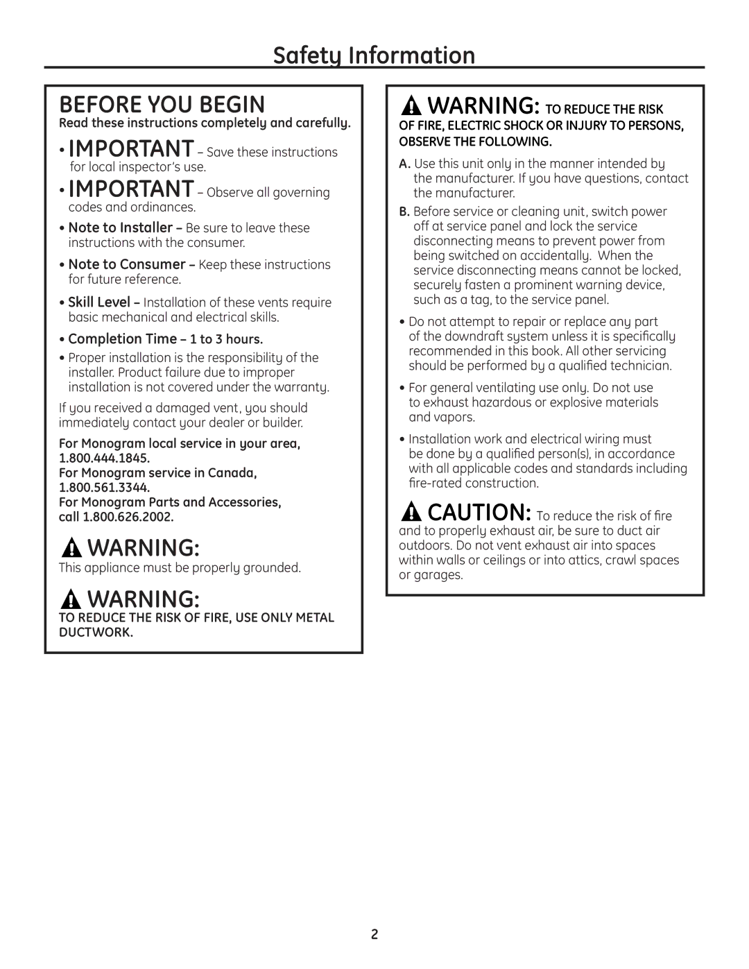 GE PVB94, PVB98, PVB37 Safety Information, Completion Time 1 to 3 hours, Read these instructions completely and carefully 