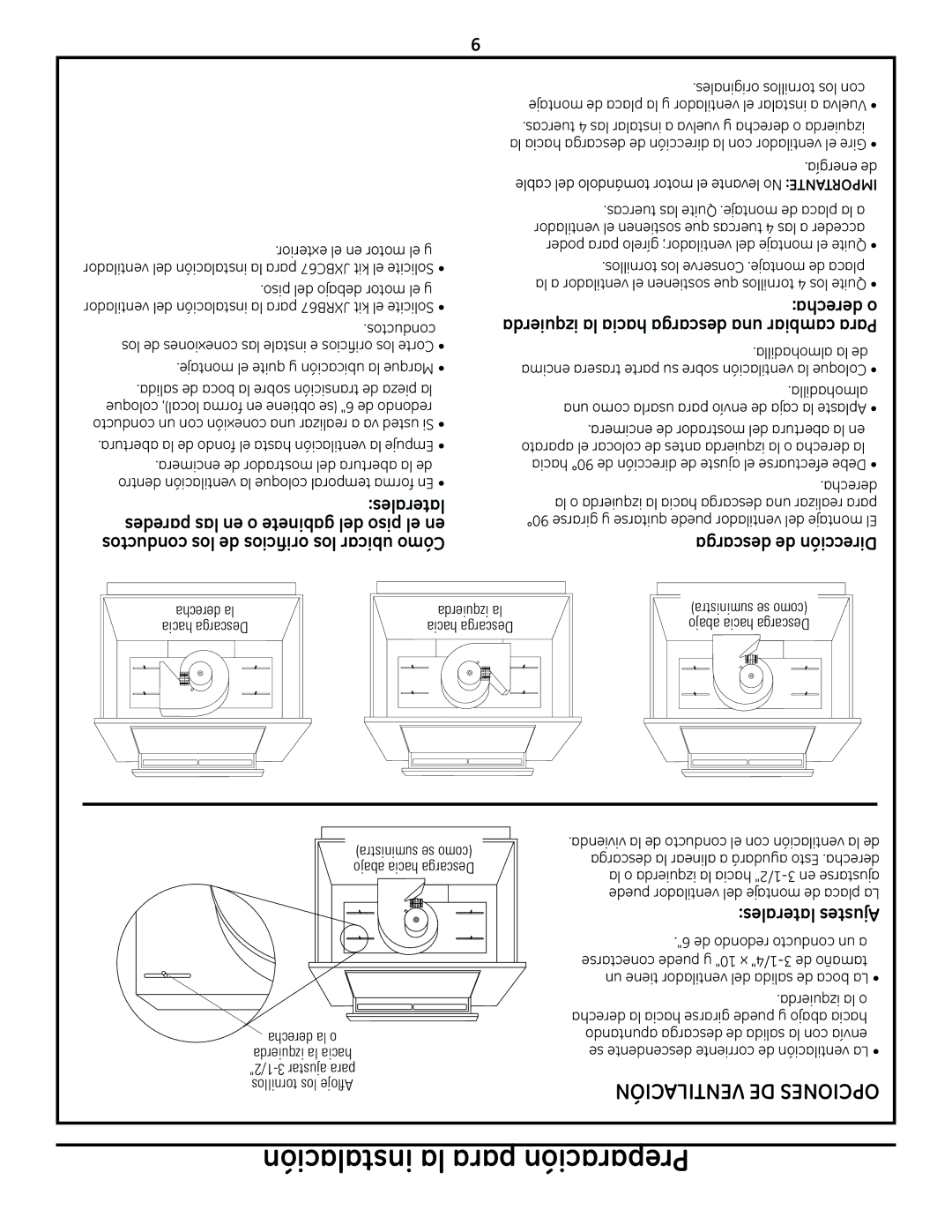 GE PVB98, PVB37, PVB94, PVB67 installation instructions Ventilación DE Opciones, Descarga de Dirección, Laterales Ajustes 