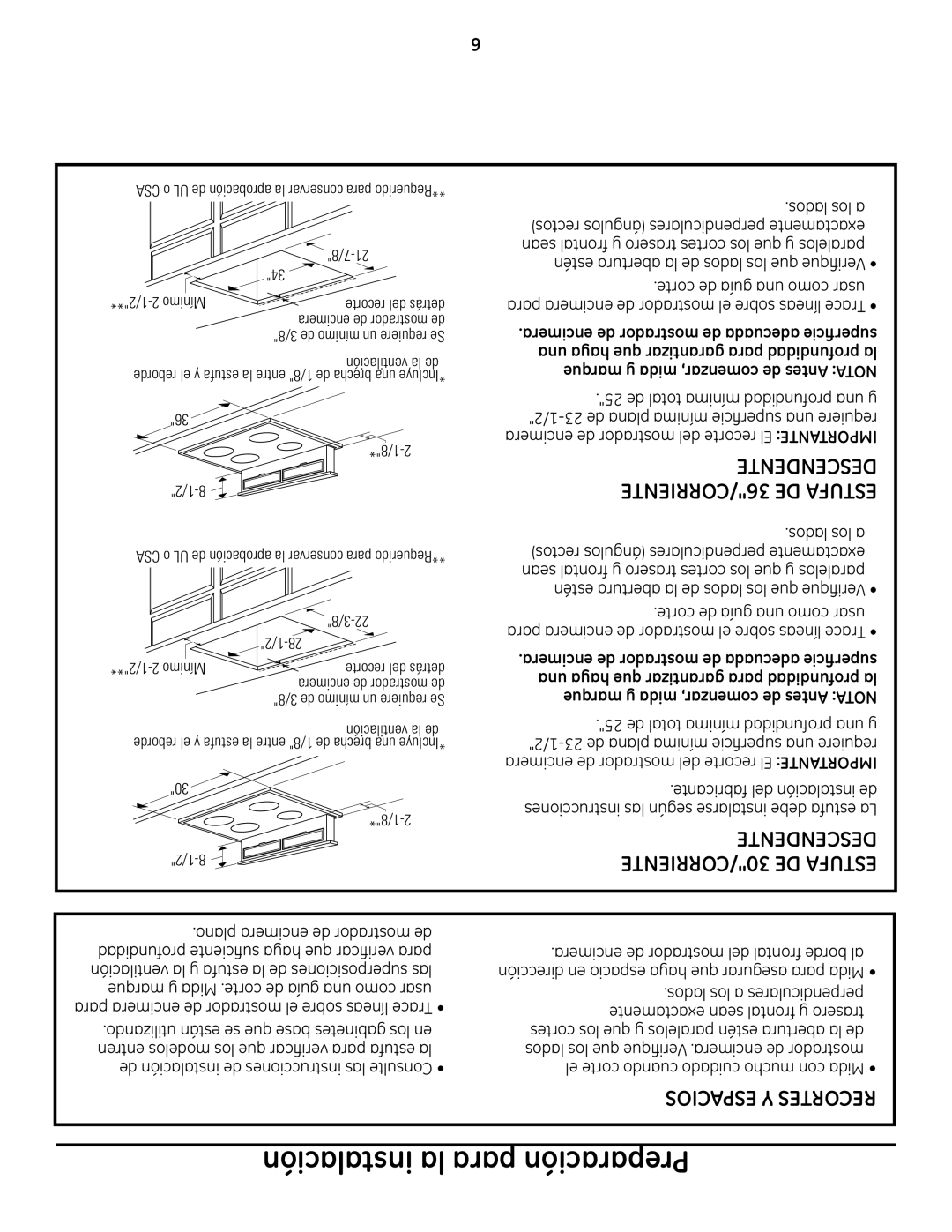 GE PVB67, PVB98, PVB37, PVB94 installation instructions Marque y mida comenzar, de Antes Nota, 2 Mínimo 