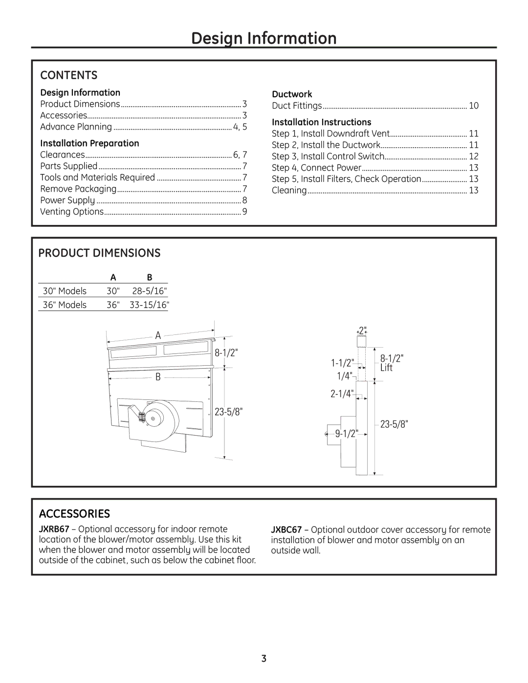 GE PVB67, PVB98, PVB37, PVB94 installation instructions Design Information, Contents, Product Dimensions, Accessories 