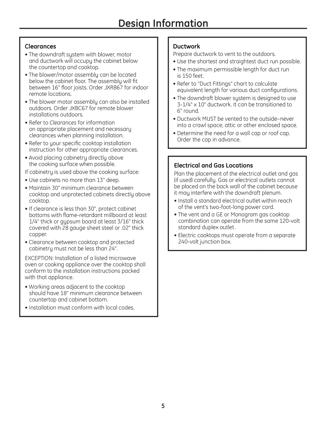 GE PVB37, PVB98, PVB94, PVB67 installation instructions Clearances, Ductwork, Electrical and Gas Locations 