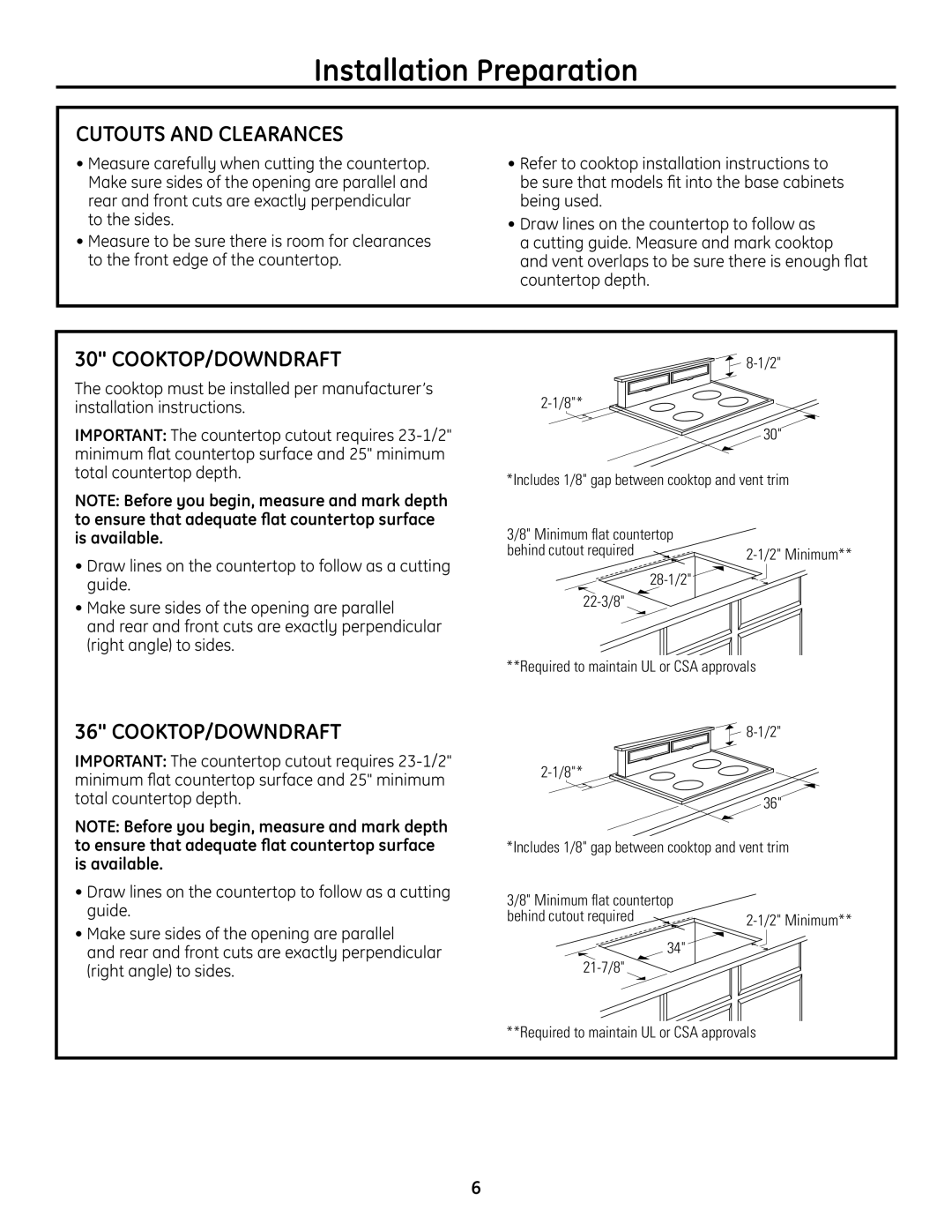 GE PVB94, PVB98, PVB37, PVB67 installation instructions Installation Preparation, Cutouts and Clearances, Cooktop/Downdraft 