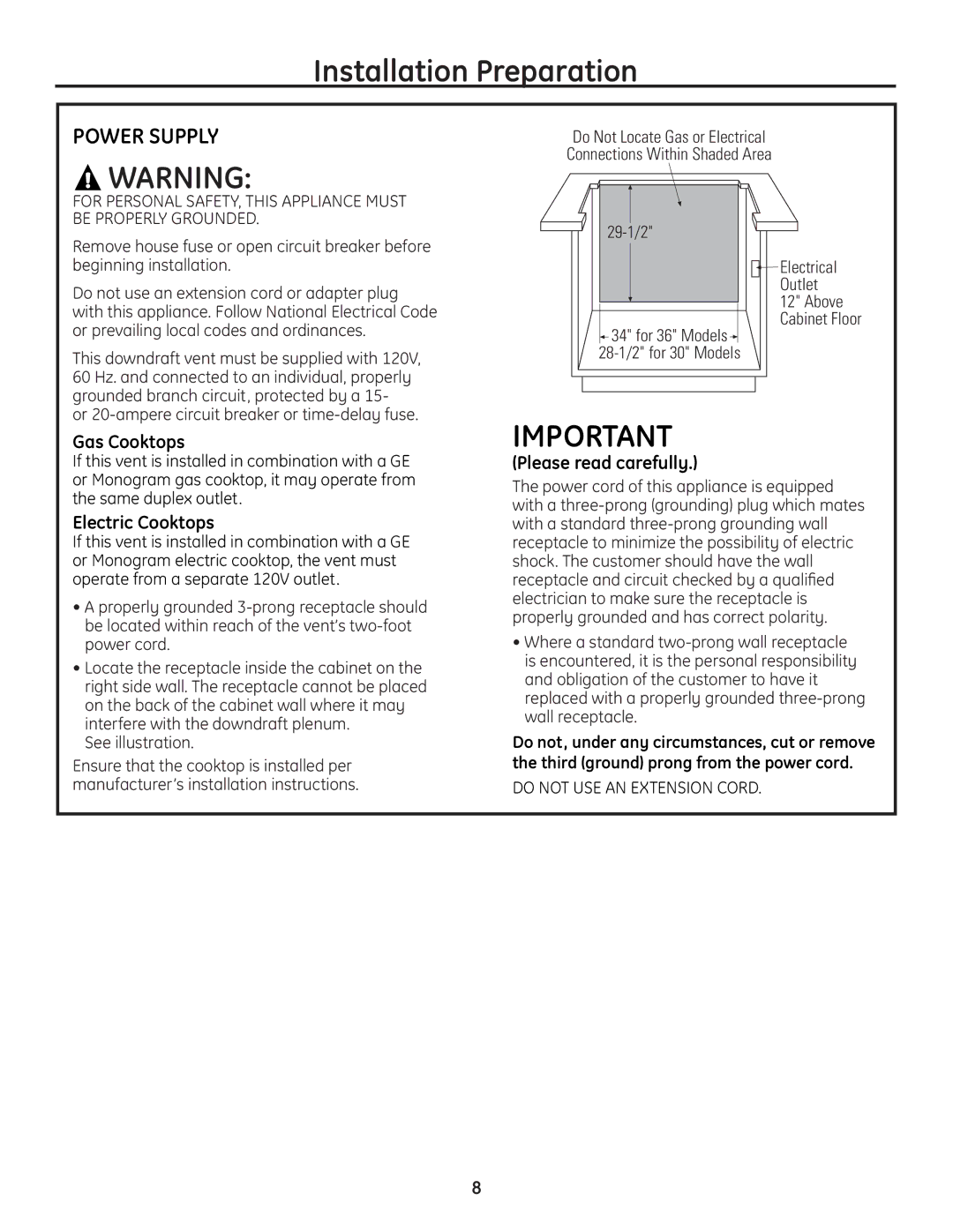 GE PVB98, PVB37, PVB94, PVB67 installation instructions Power Supply, Gas Cooktops, Electric Cooktops, Please read carefully 