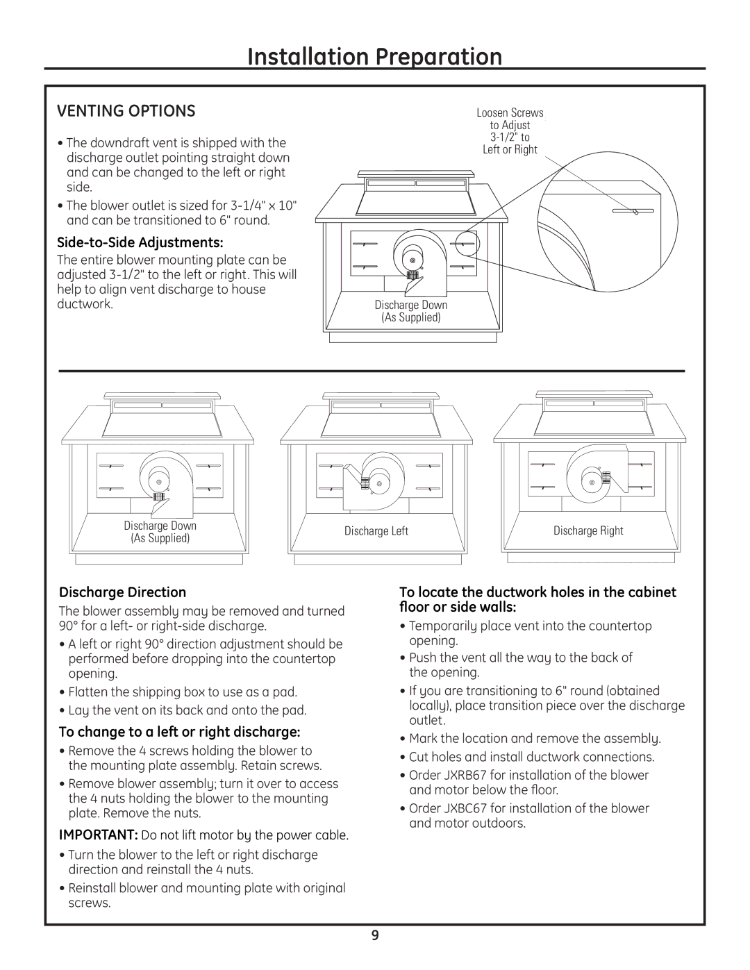 GE PVB37, PVB98 Venting Options, Side-to-Side Adjustments, Discharge Direction, To change to a left or right discharge 