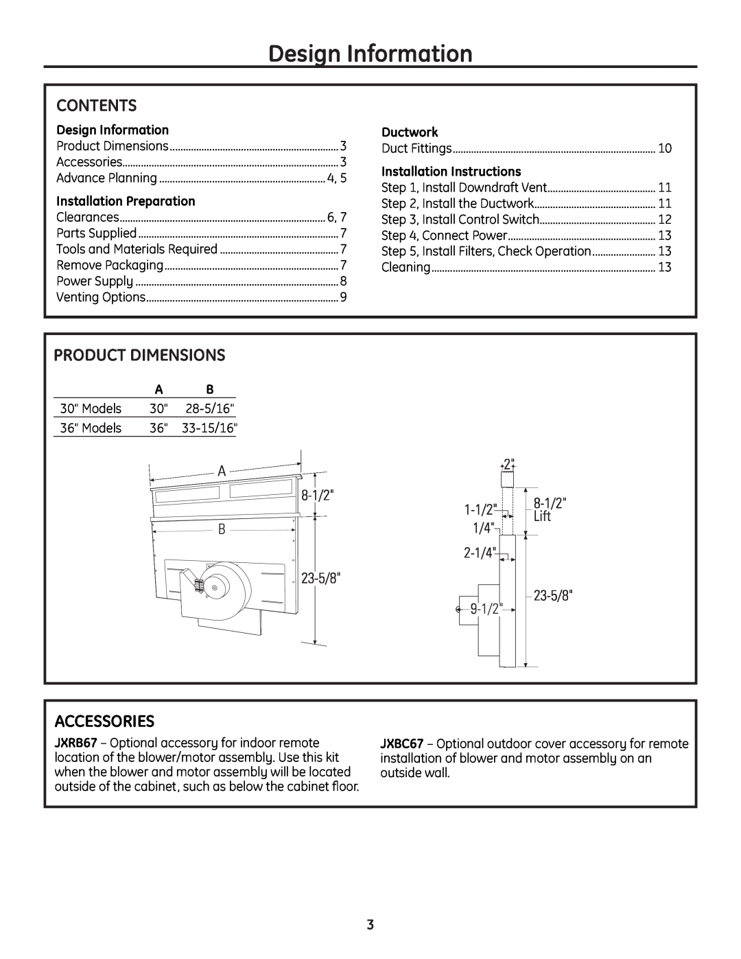 GE PVB67 Design Information, Contents, Product Dimensions, Accessories, Ductwork, Installation Instructions, Duct Fittings 