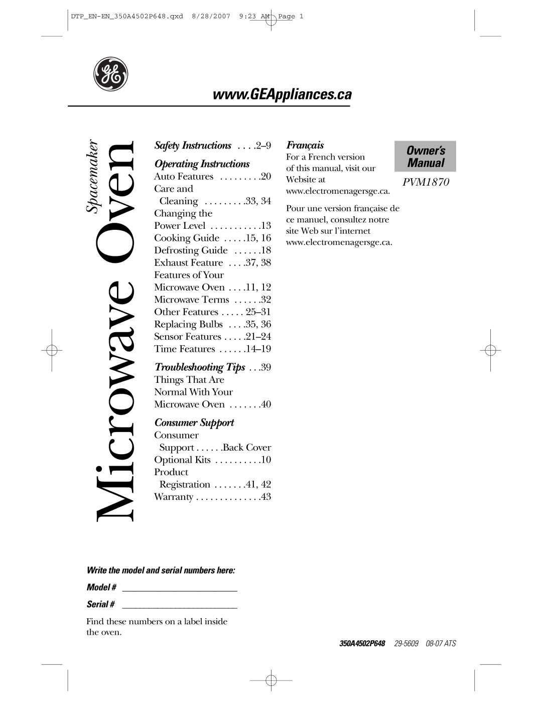 GE pvm1870 owner manual Spacemaker, Write the model and serial numbers here Model # Serial # 