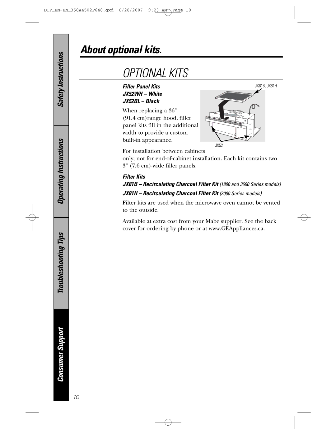 GE pvm1870 owner manual About optional kits, Filler Panel Kits JX52WH White JX52BL Black 