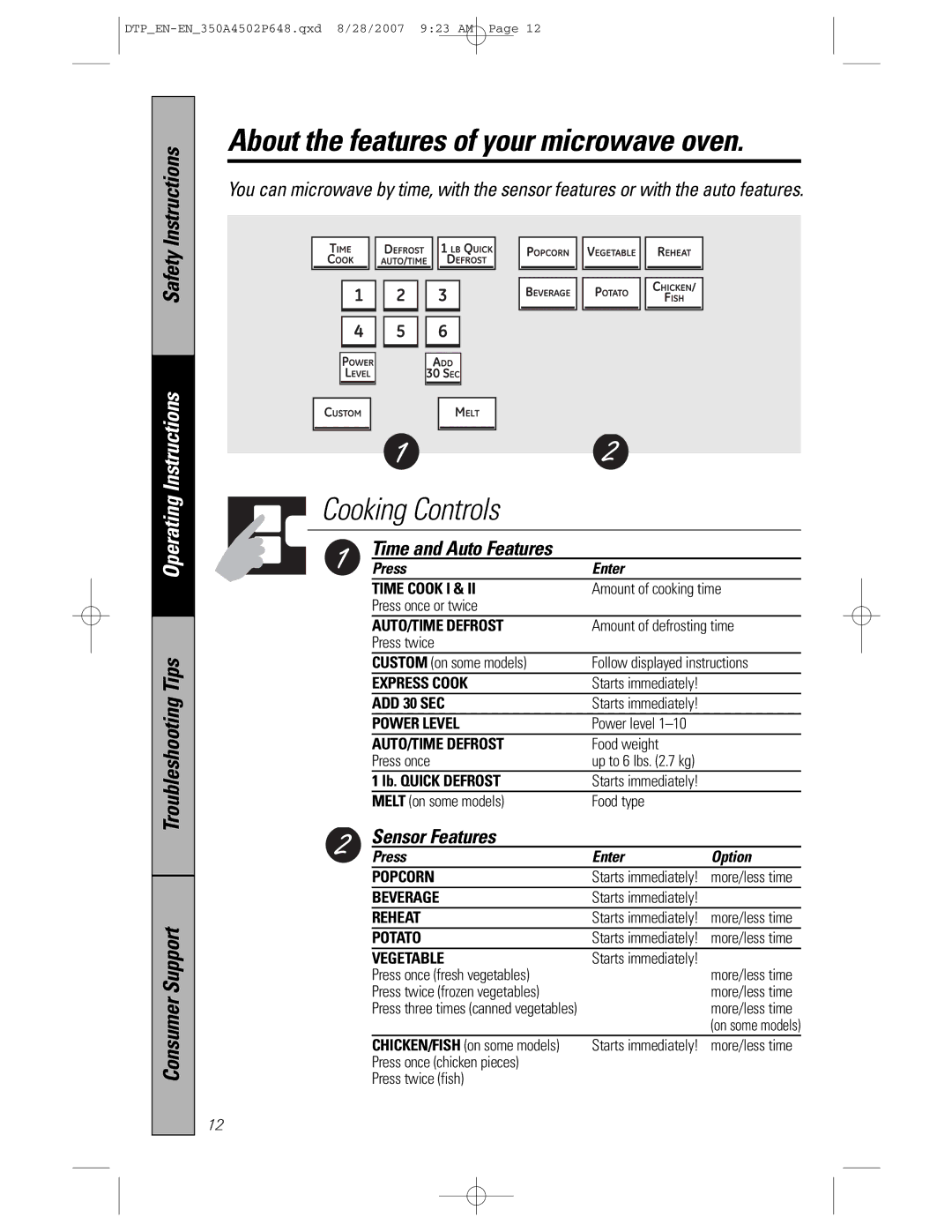 GE pvm1870 owner manual Time and Auto Features, Sensor Features, Press Enter Option 