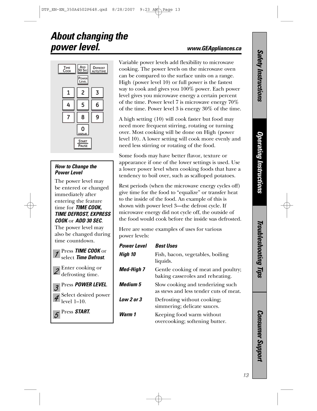 GE pvm1870 owner manual About changing Power level 