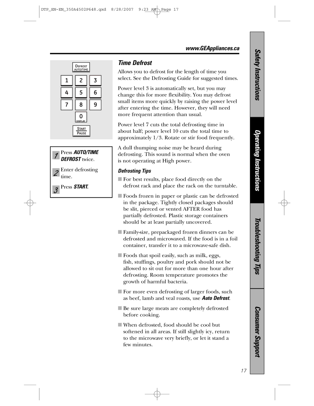 GE pvm1870 owner manual Time Defrost, Defrosting Tips 