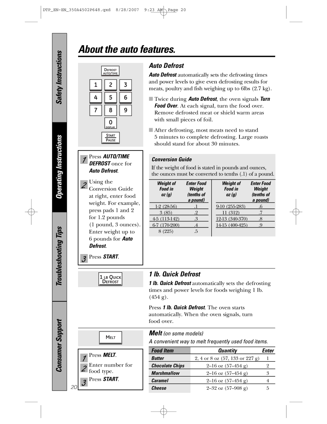 GE pvm1870 owner manual About the auto features, Auto Defrost, Lb. Quick Defrost 