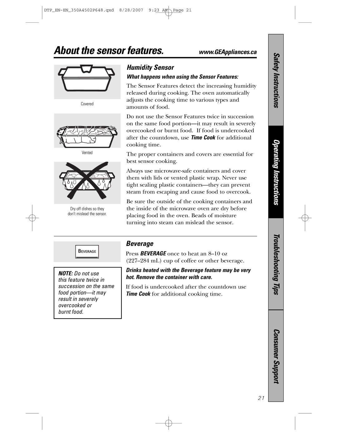 GE pvm1870 owner manual About the sensor features, Humidity Sensor, Beverage, What happens when using the Sensor Features 