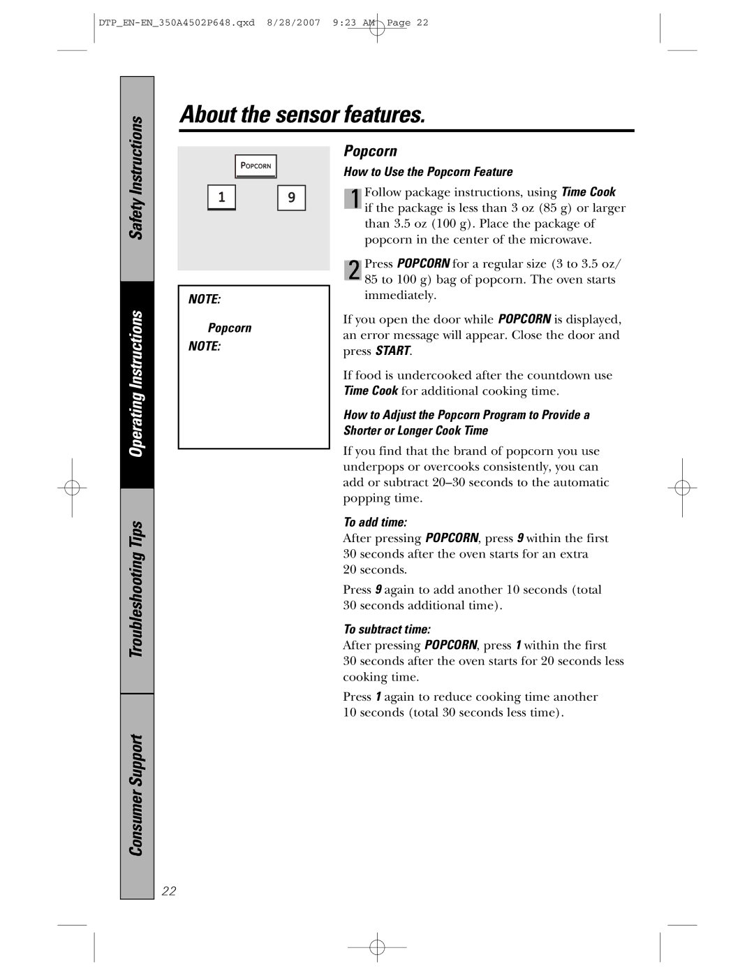 GE pvm1870 owner manual How to Use the Popcorn Feature, To add time, To subtract time 