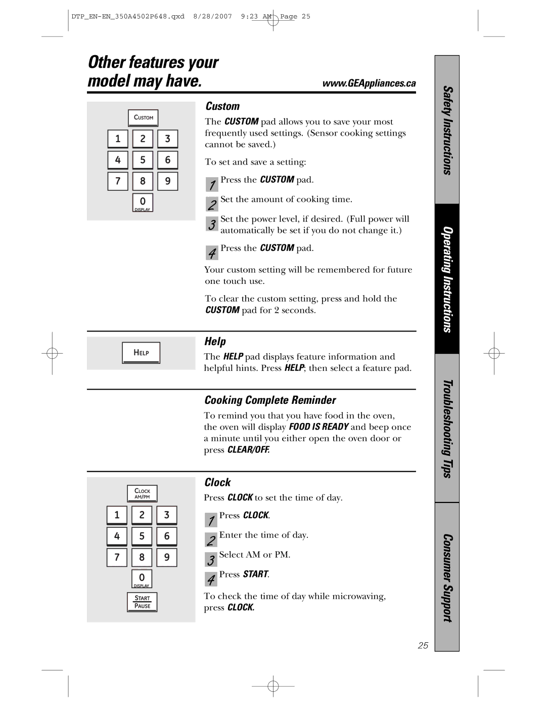 GE pvm1870 owner manual Other features your Model may have, Custom, Help, Cooking Complete Reminder, Clock 