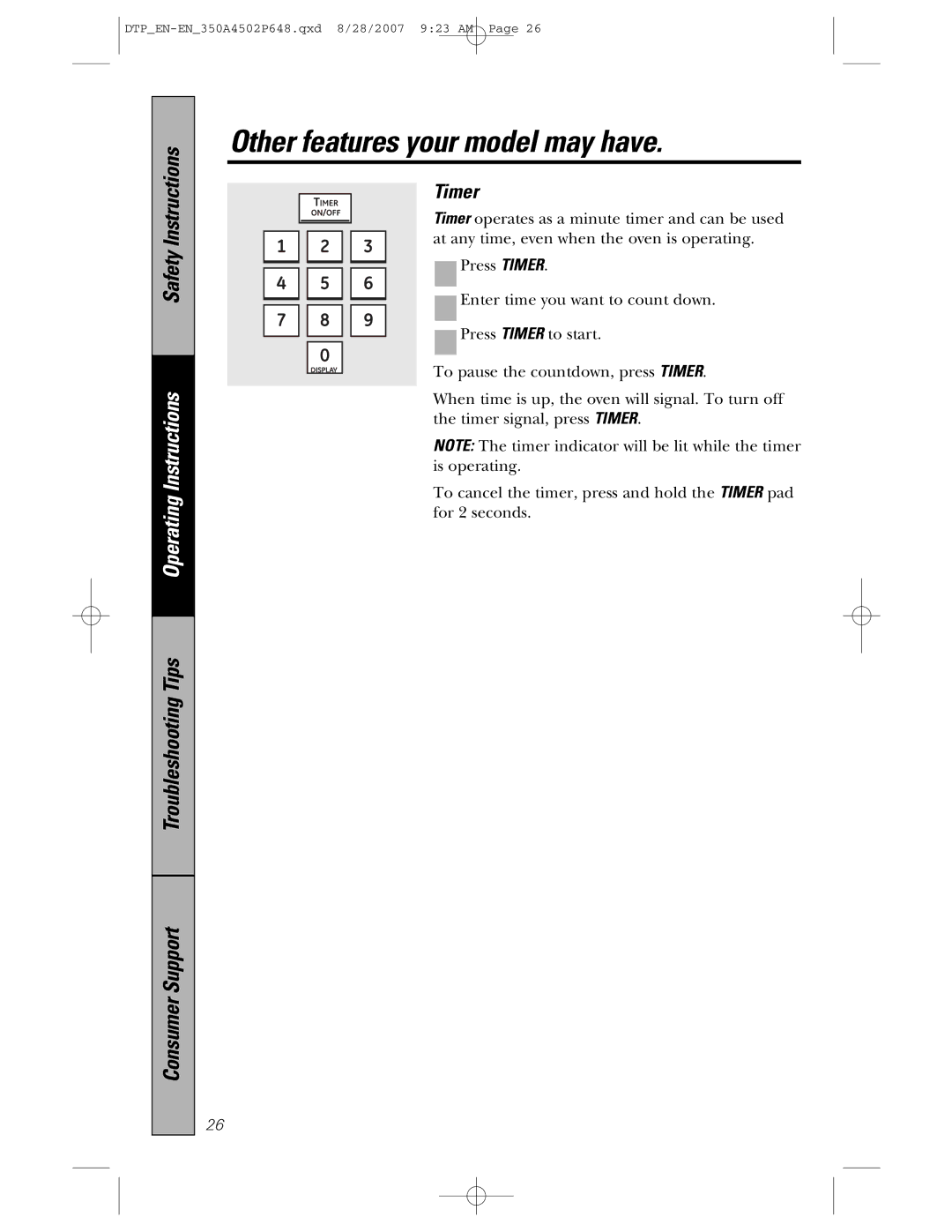 GE pvm1870 owner manual Timer 