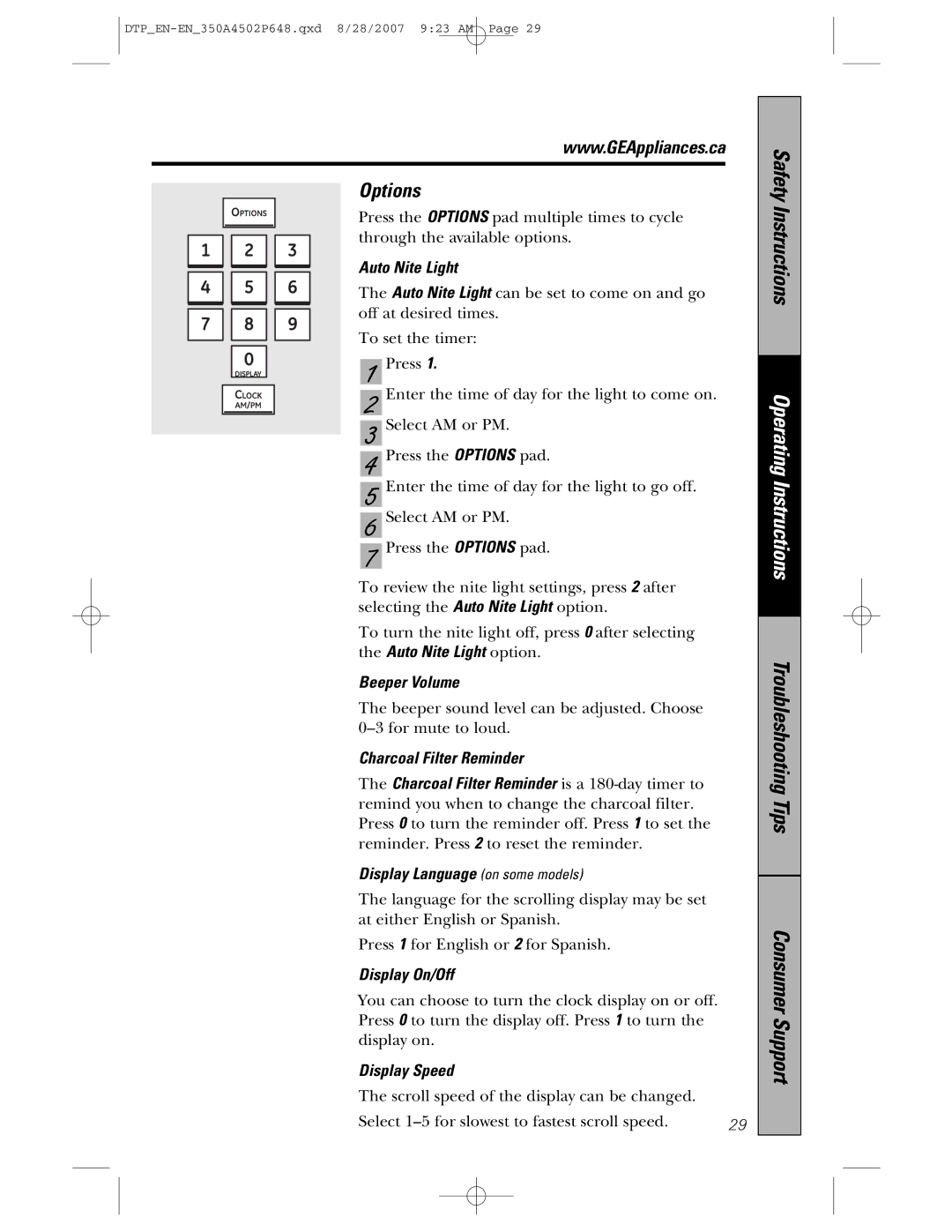 GE pvm1870 owner manual Options 