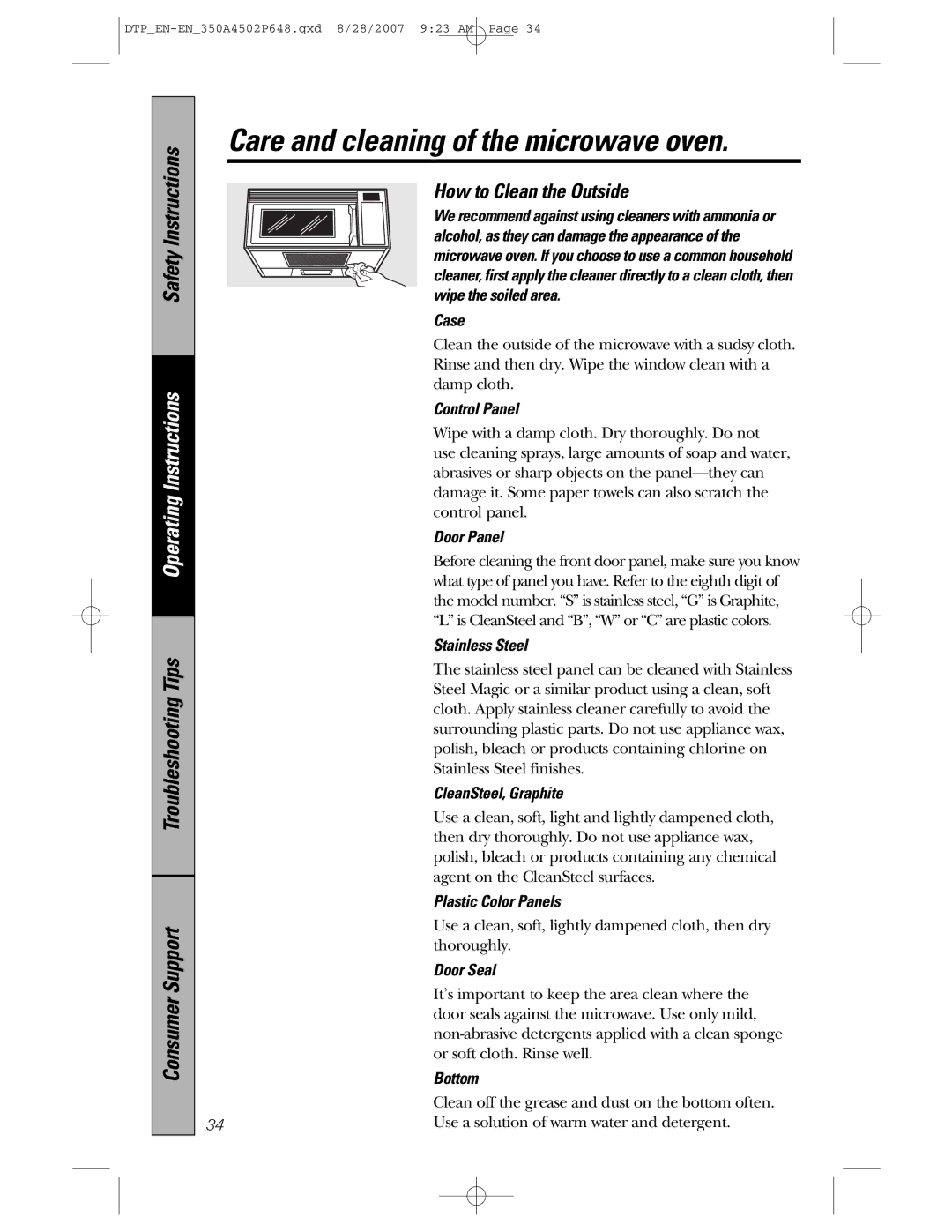 GE pvm1870 owner manual Care and cleaning of the microwave oven, How to Clean the Outside 