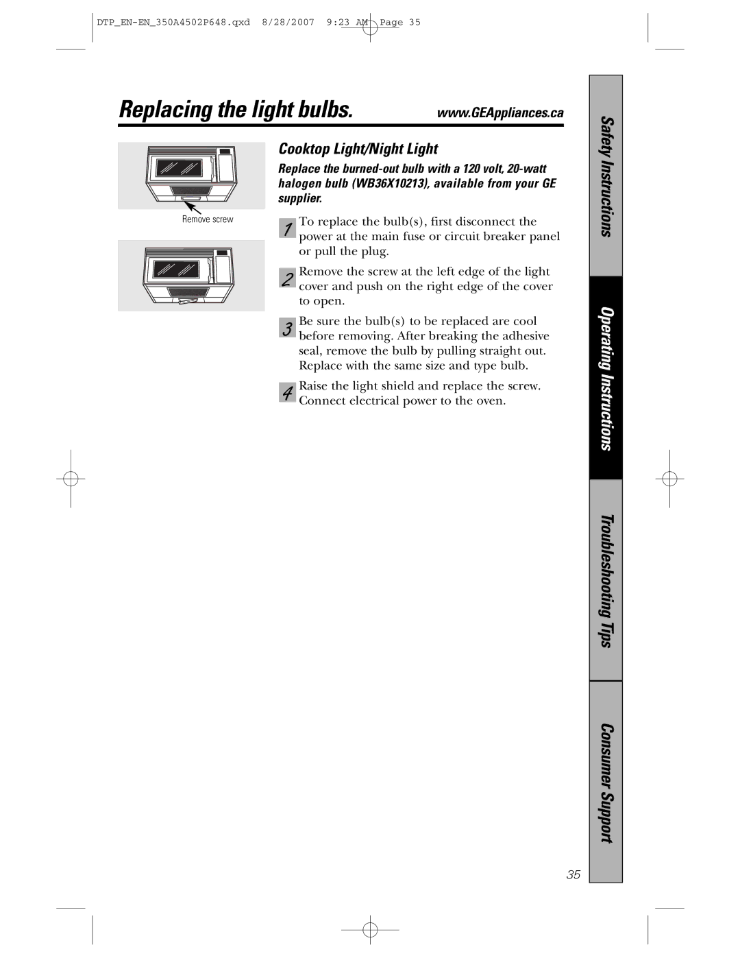 GE pvm1870 owner manual Replacing the light bulbs, Cooktop Light/Night Light, Supplier 