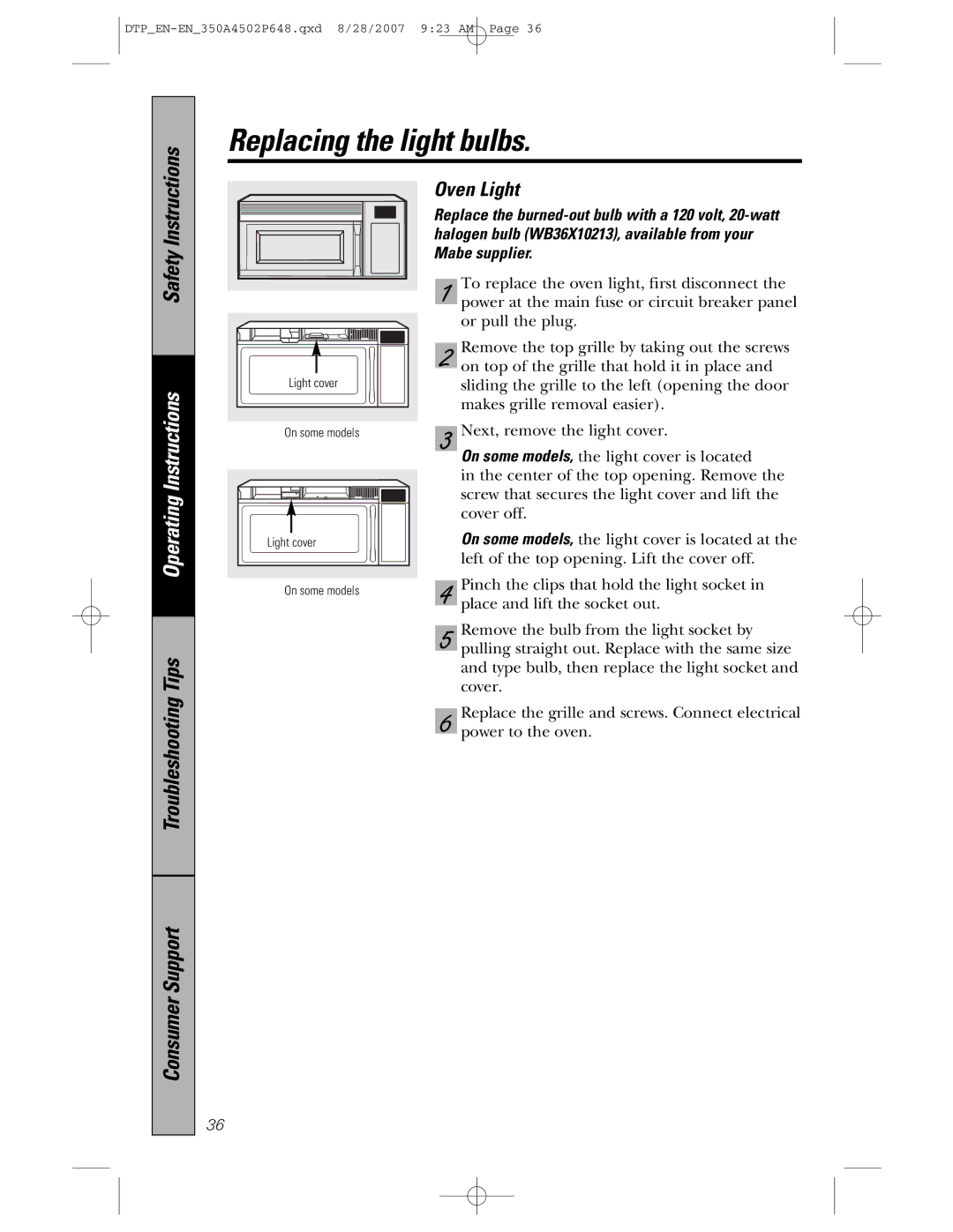 GE pvm1870 owner manual Oven Light 