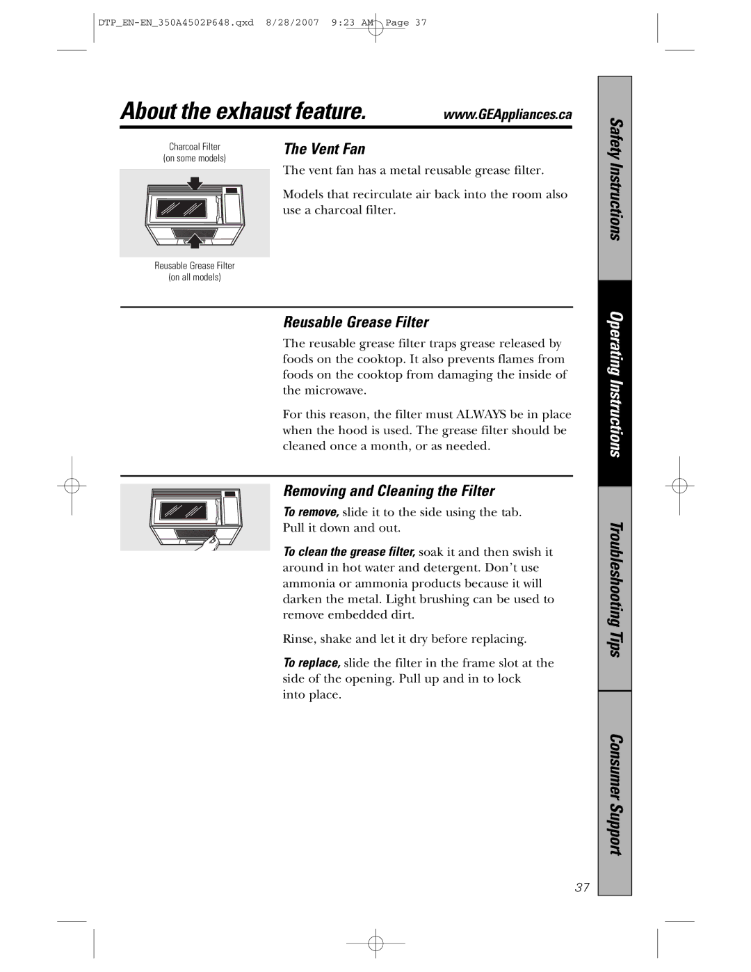 GE pvm1870 owner manual About the exhaust feature, Removing and Cleaning the Filter 