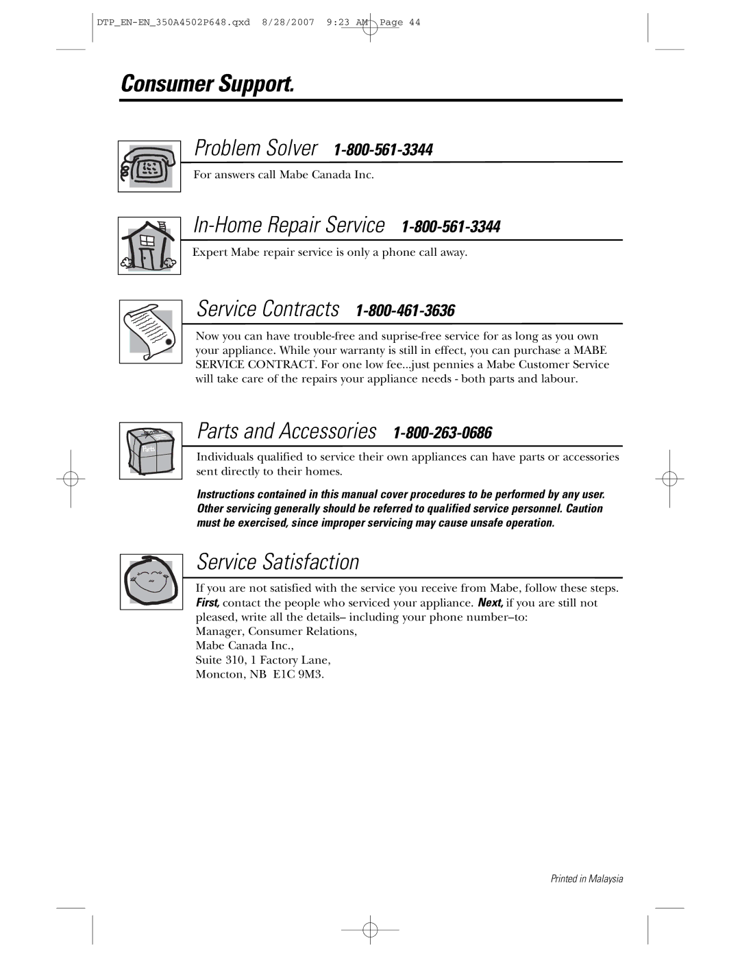 GE pvm1870 owner manual Consumer Support, Service Contracts 