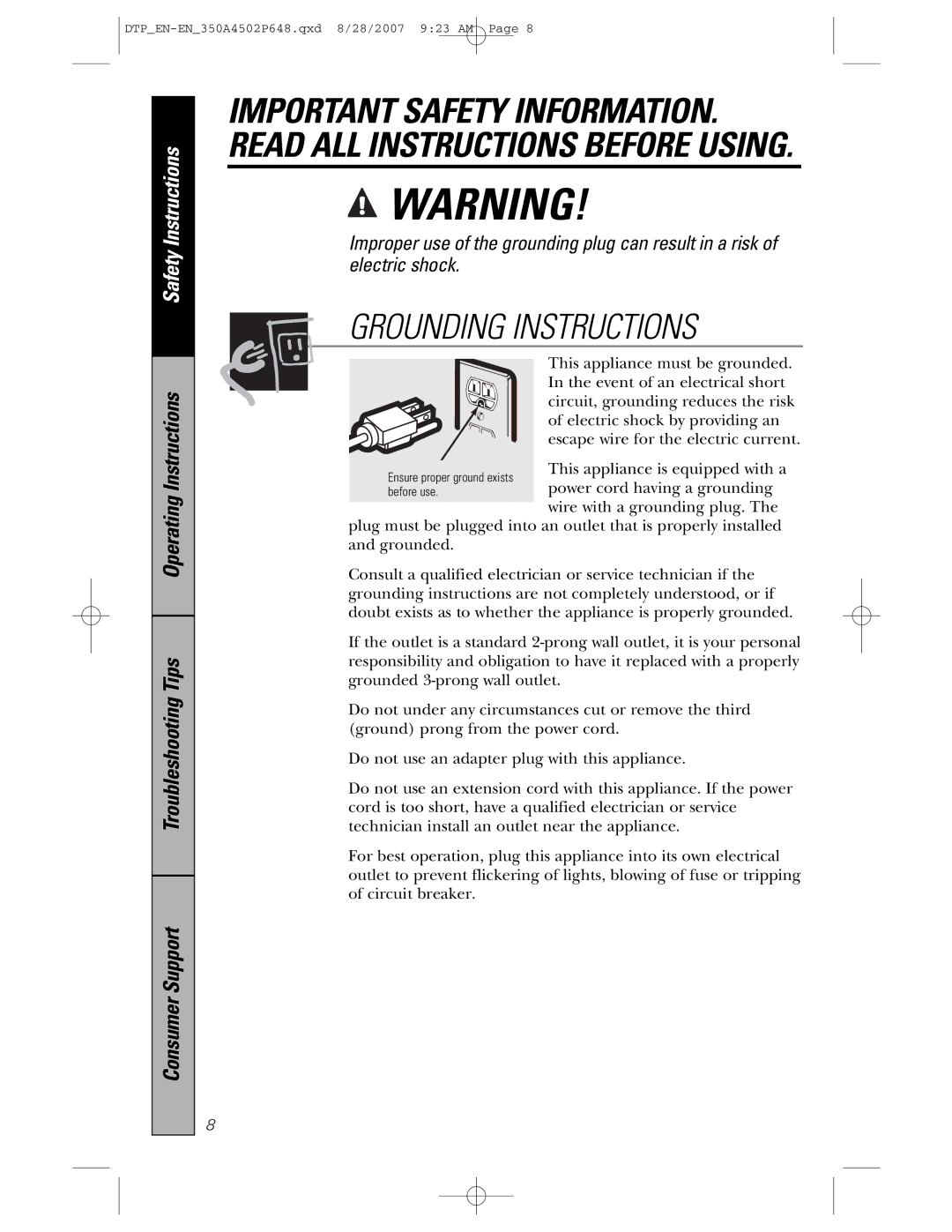 GE pvm1870 owner manual Grounding Instructions 