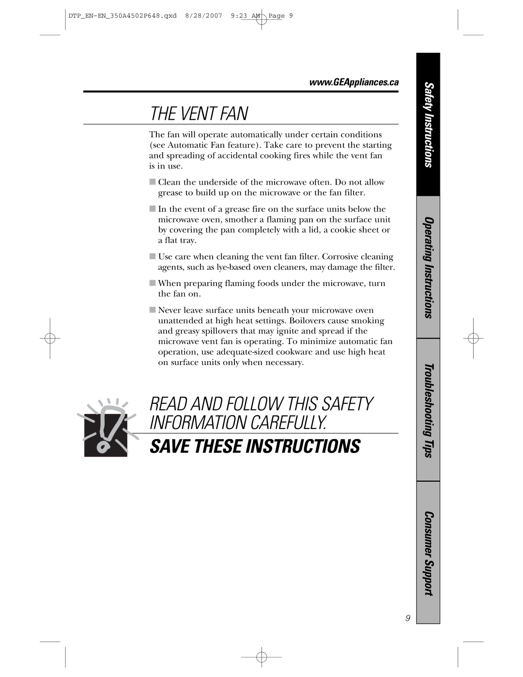 GE pvm1870 owner manual Vent FAN 