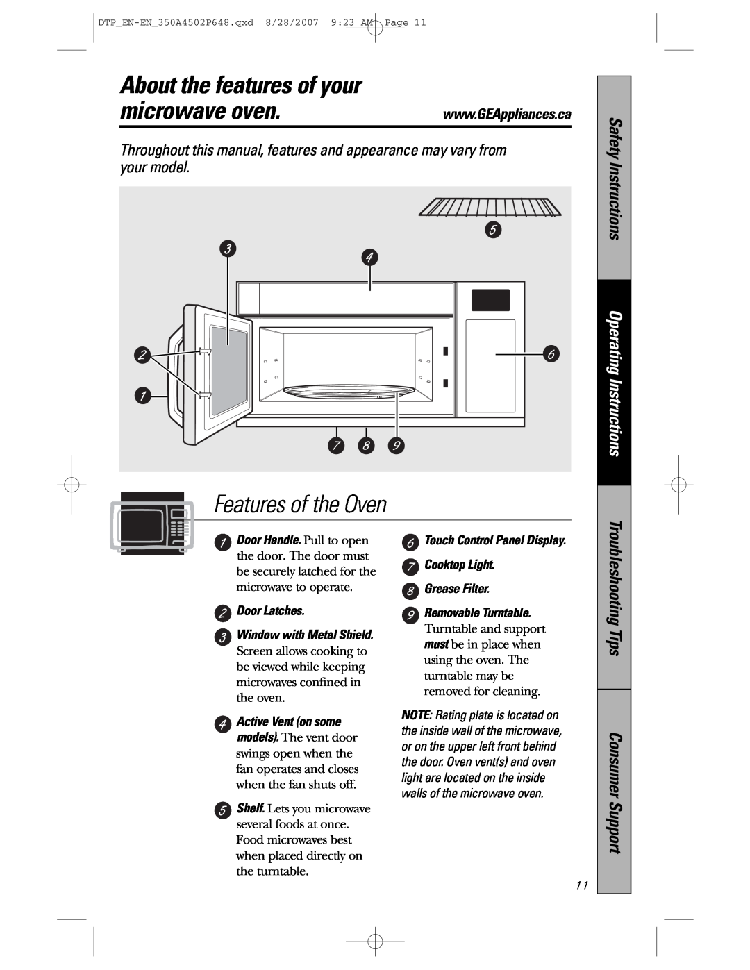 GE pvm1870 About the features of your, microwave oven, Features of the Oven, Safety Instructions, Operating Instructions 