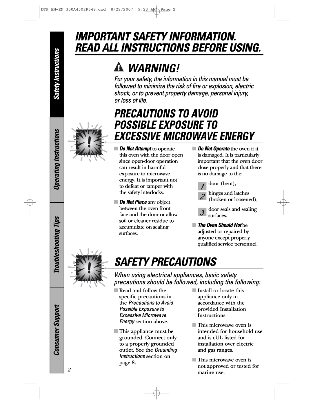 GE pvm1870 Precautions To Avoid Possible Exposure To, Excessive Microwave Energy, Safety Precautions, Safety Instructions 