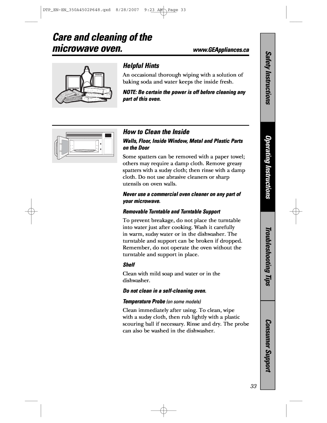 GE pvm1870 Care and cleaning of the, Helpful Hints, How to Clean the Inside, microwave oven, Safety Instructions, Shelf 