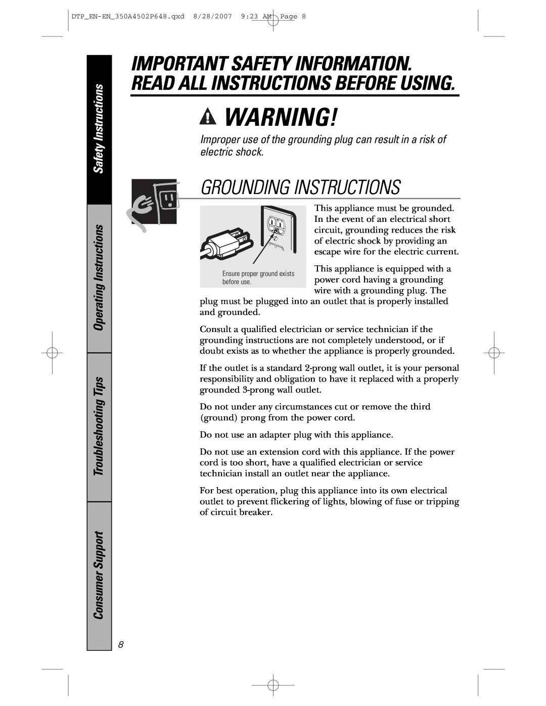 GE pvm1870 Grounding Instructions, Safety Instructions, Operating Instructions Troubleshooting Tips, Consumer Support 