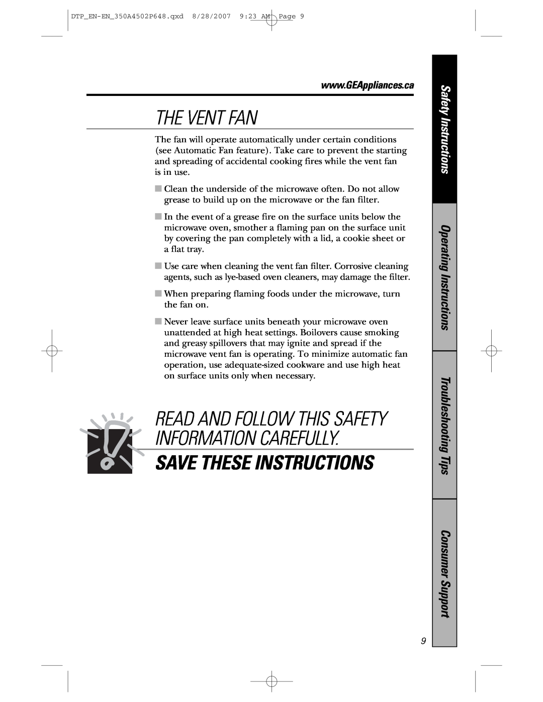 GE pvm1870 The Vent Fan, Save These Instructions, Read And Follow This Safety Information Carefully, Safety Instructions 
