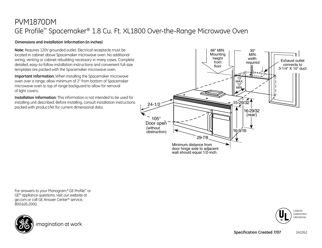 GE PVM1870DMBB dimensions Dimensions and Installation Information in inches, Specification Created 7/07 