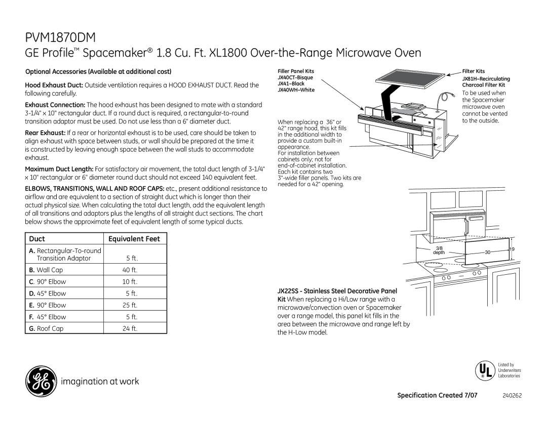 GE PVM1870DMBB Optional Accessories Available at additional cost, Filler Panel Kits JX40CT-Bisque JX41-Black JX40WH-White 