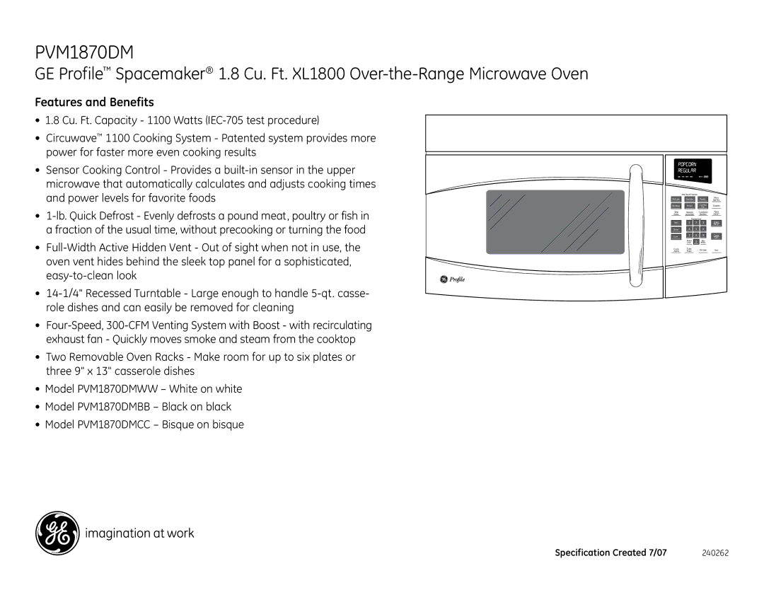 GE PVM1870DMBB dimensions Features and Benefits 