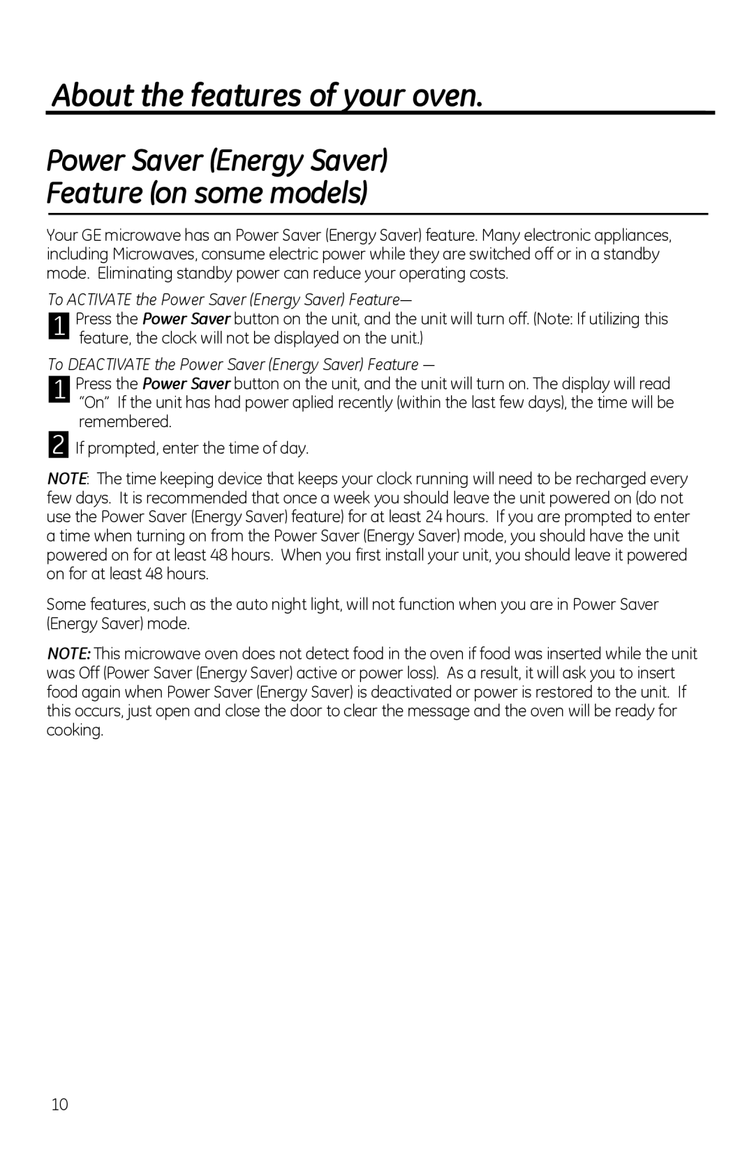 GE PVM1970 To Activate the Power Saver Energy Saver Feature, To Deactivate the Power Saver Energy Saver Feature 