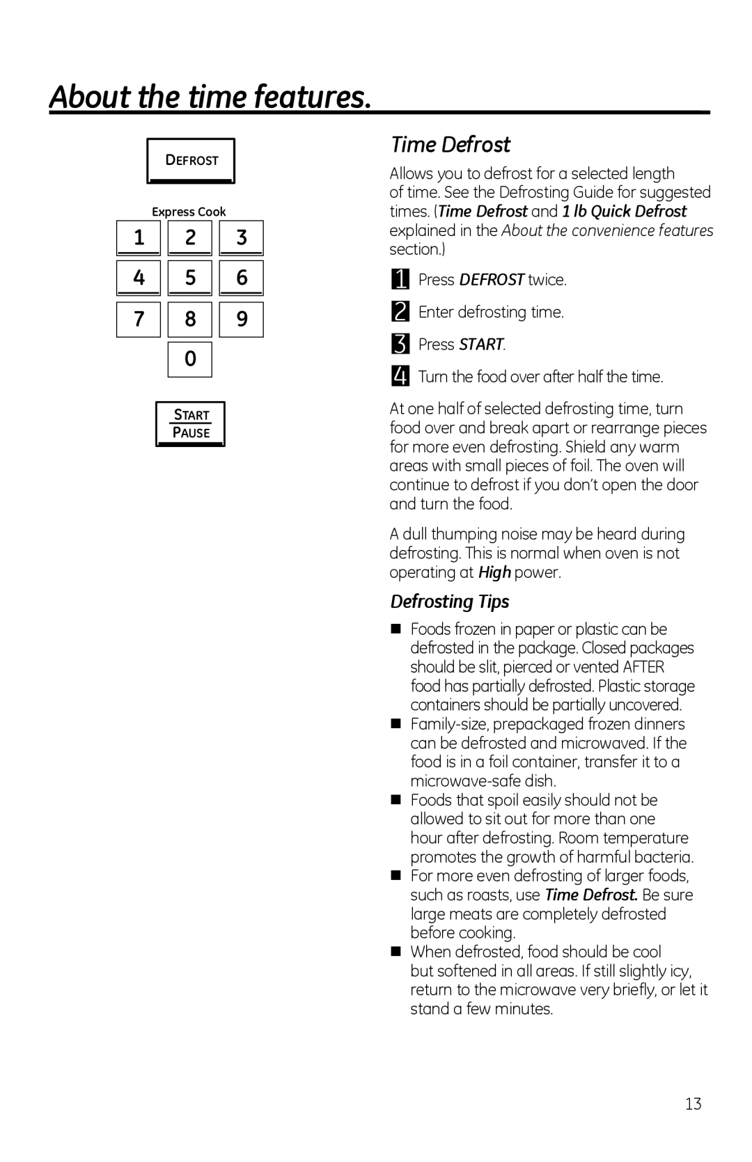 GE PVM1970 owner manual Time Defrost, Defrosting Tips 