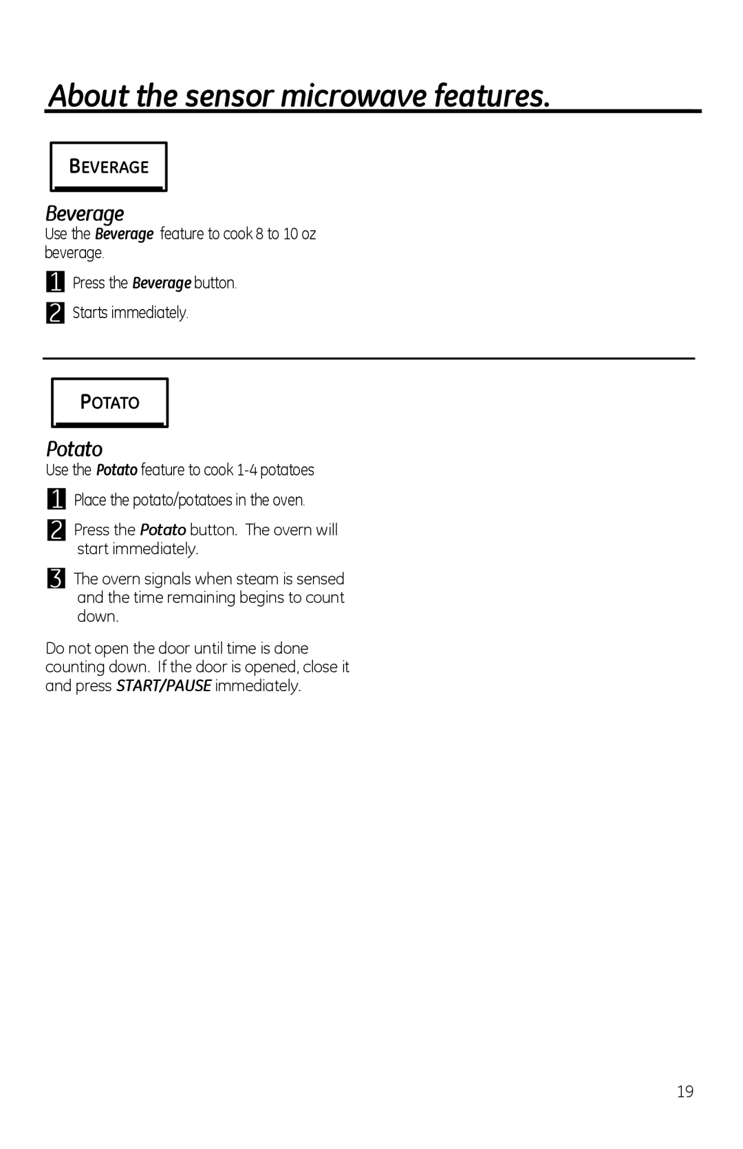 GE PVM1970 owner manual Potato, Use the Beverage feature to cook 8 to 10 oz beverage 