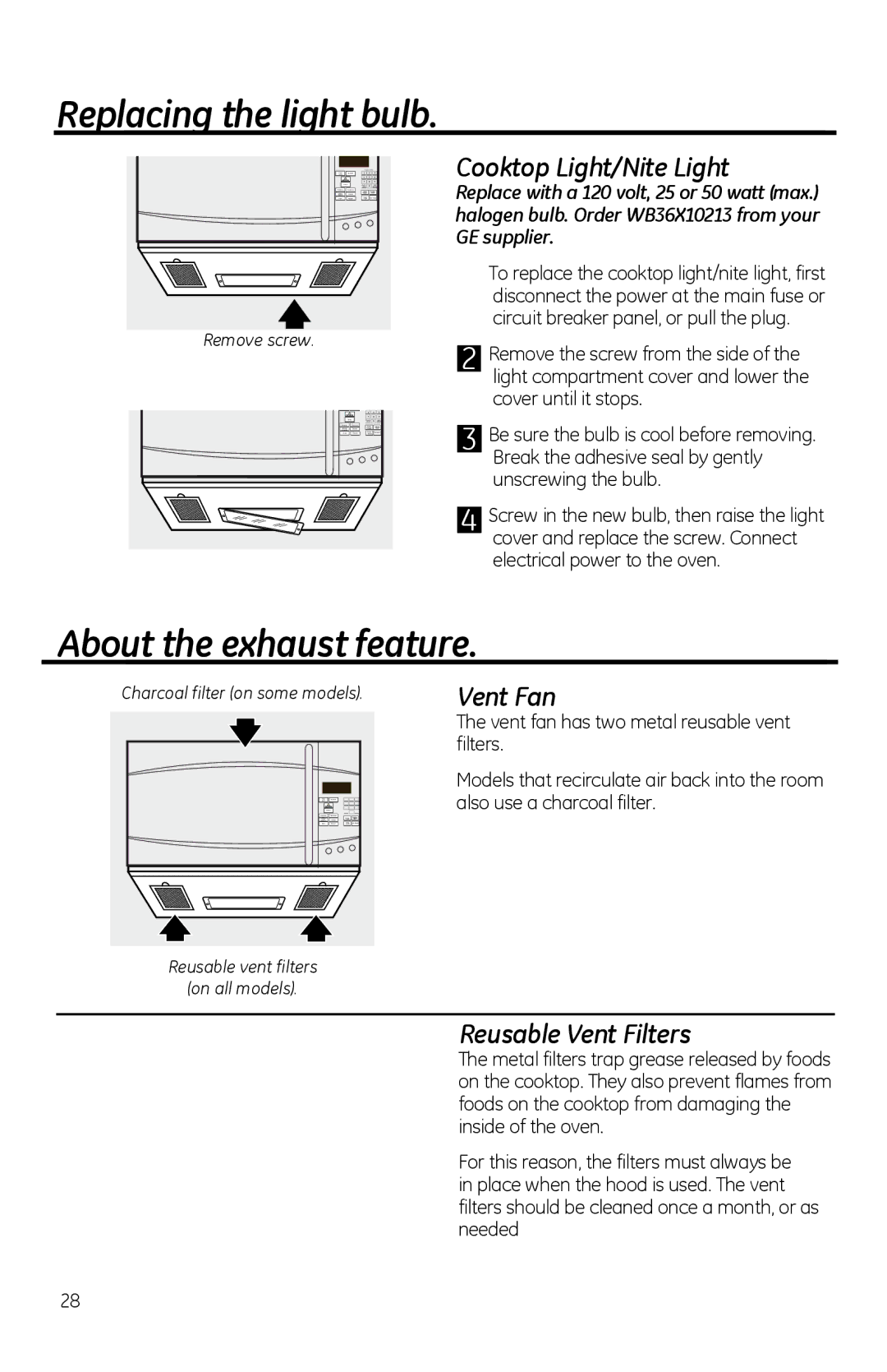 GE PVM1970 Replacing the light bulb, About the exhaust feature, Cooktop Light/Nite Light, Vent Fan, Reusable Vent Filters 