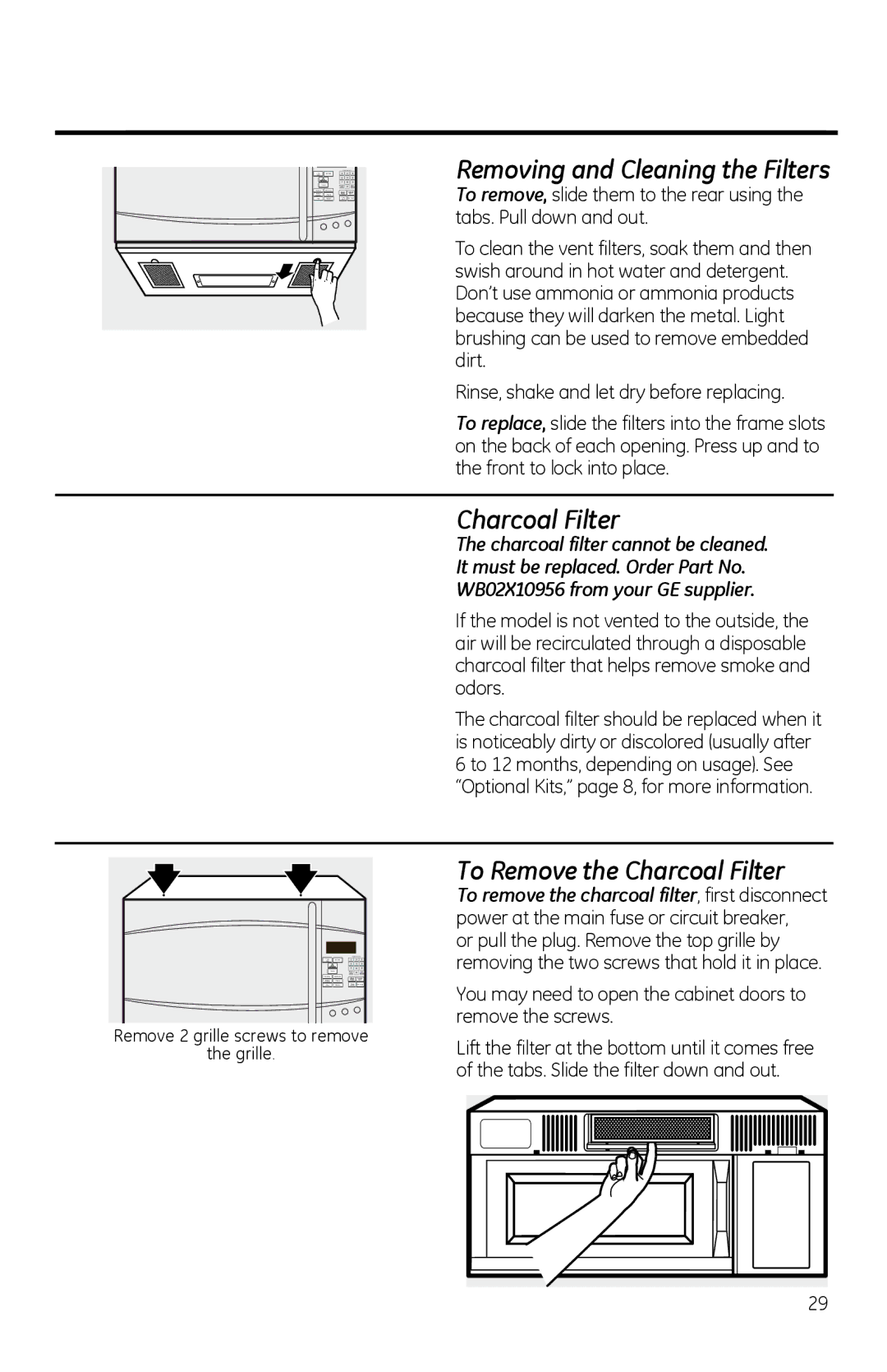 GE PVM1970 owner manual To Remove the Charcoal Filter, You may need to open the cabinet doors to remove the screws 