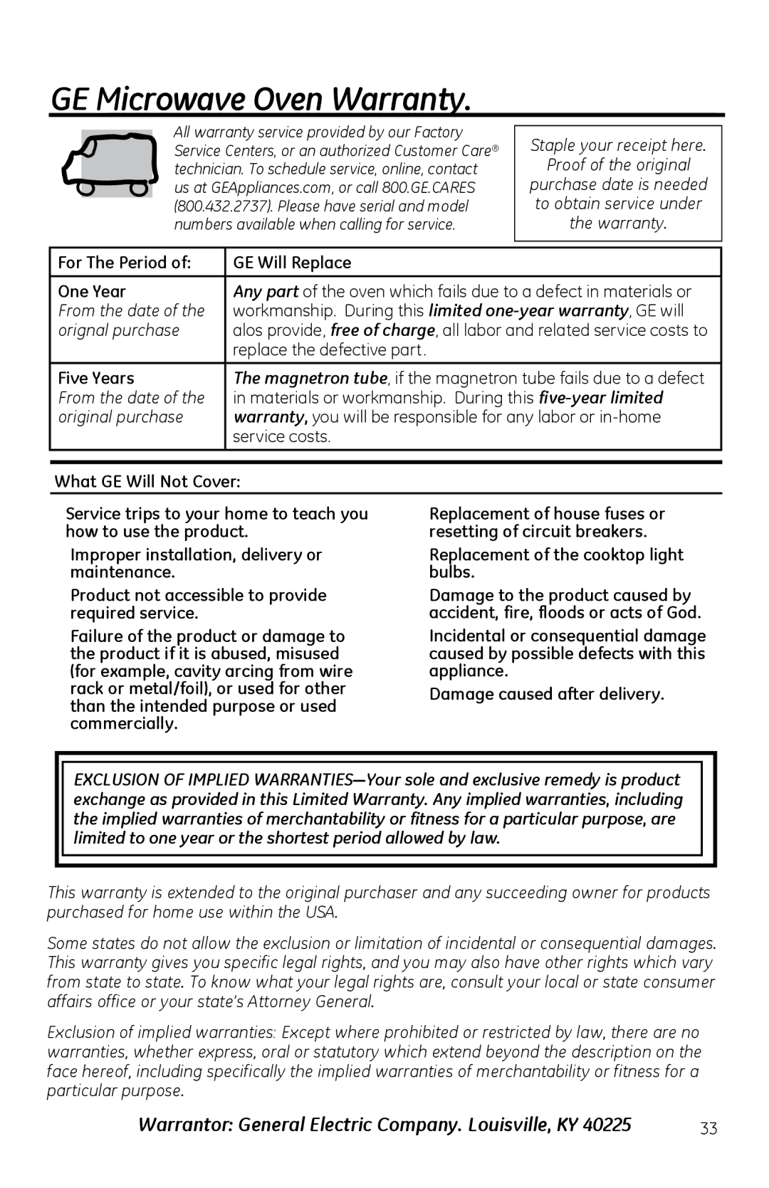 GE PVM1970 owner manual GE Microwave Oven Warranty, For The Period GE Will Replace One Year, Five Years 