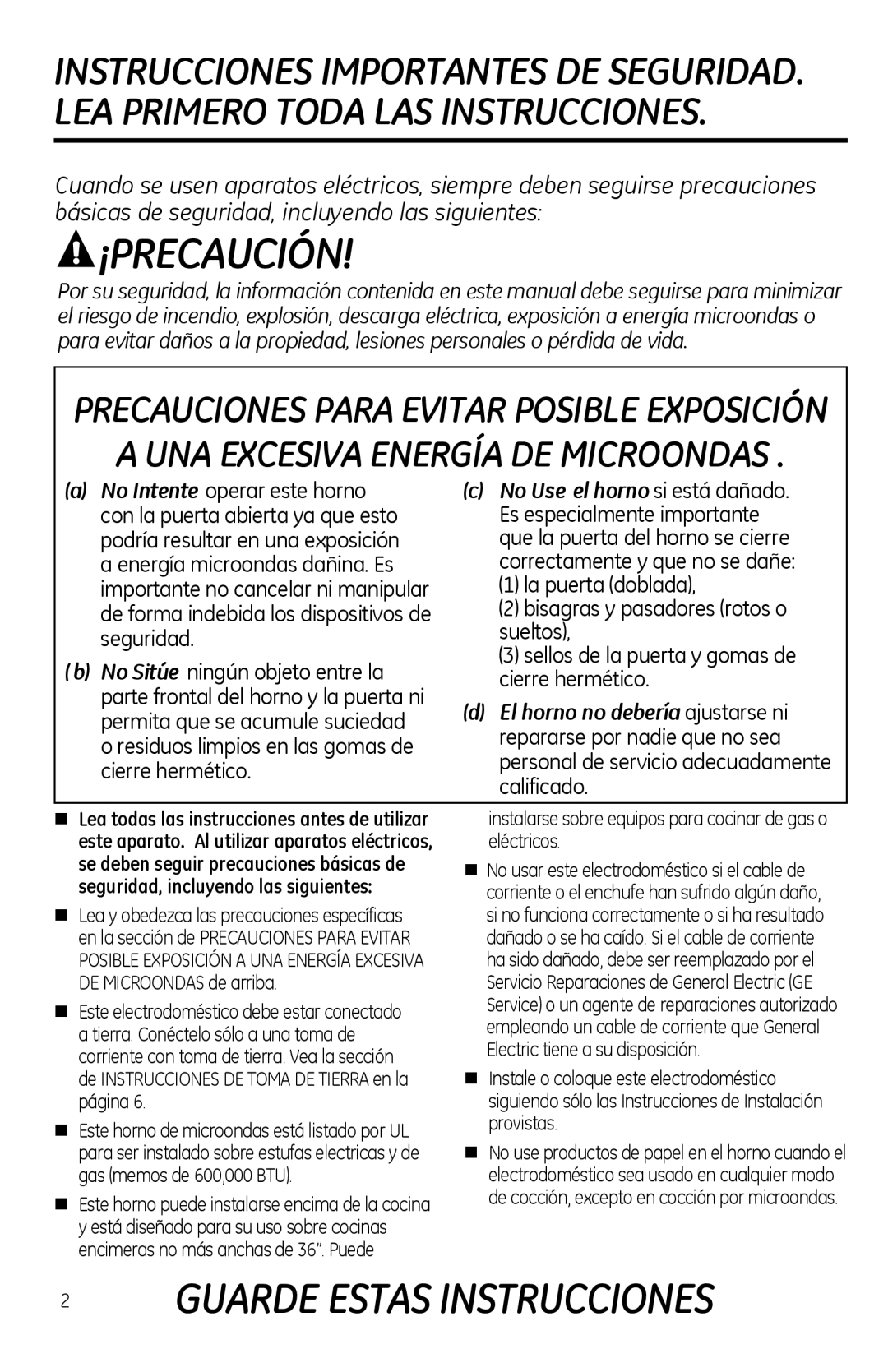 GE PVM1970 owner manual ¡Precaución, Instalarse sobre equipos para cocinar de gas o eléctricos 