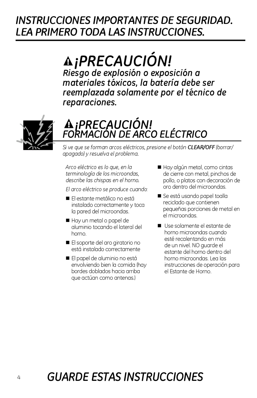 GE PVM1970 owner manual ¡Precaución, Formación DE Arco Eléctrico 