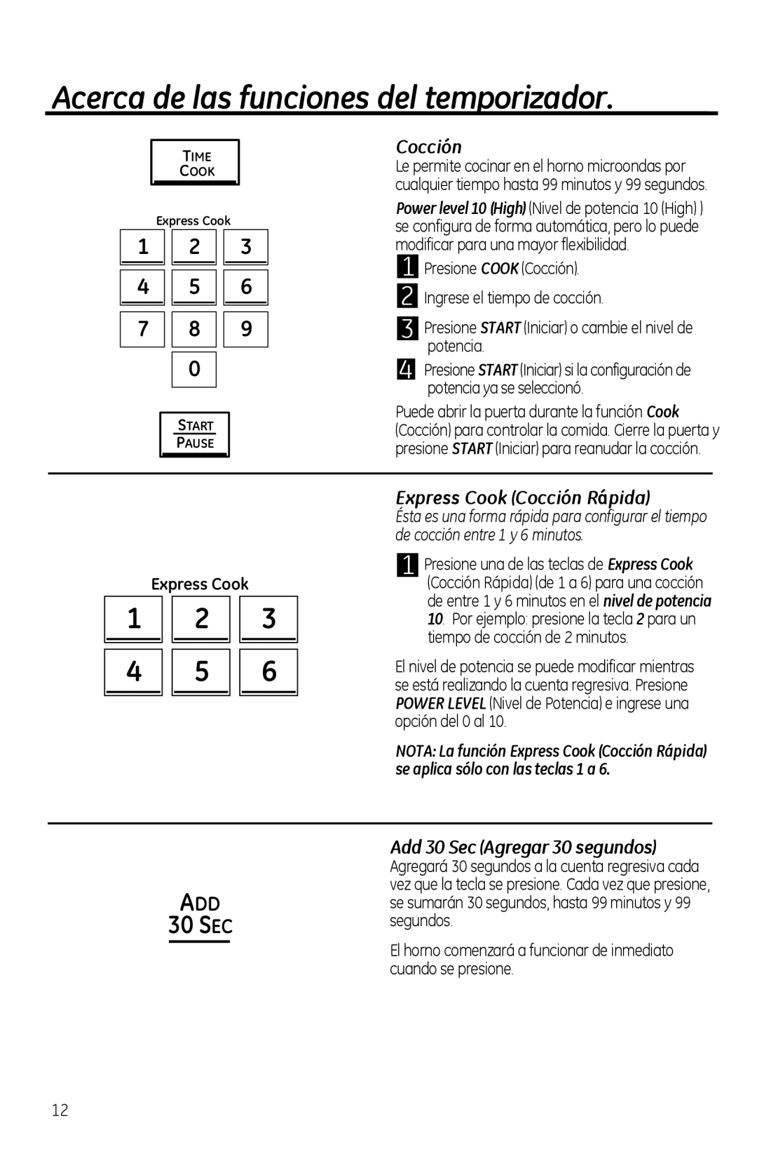 GE PVM1970 Acerca de las funciones del temporizador, Express Cook Cocción Rápida, Add 30 Sec Agregar 30 segundos 