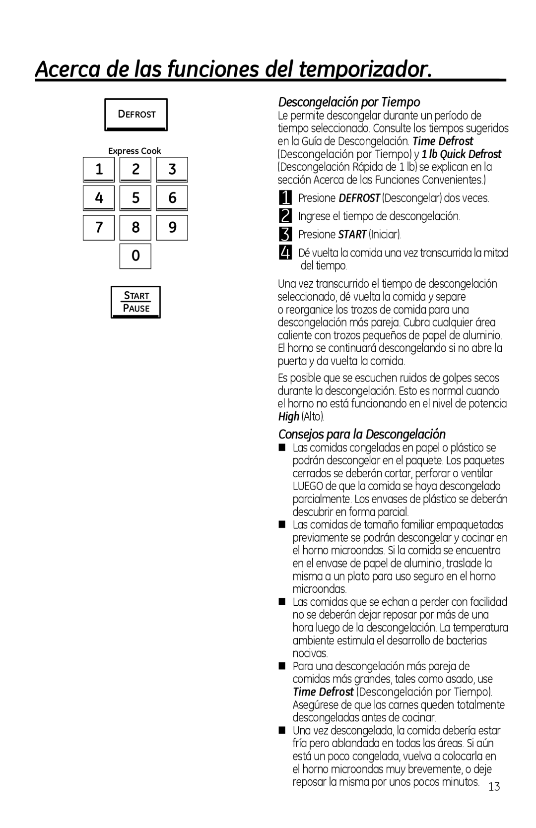 GE PVM1970 owner manual Descongelación por Tiempo, Consejos para la Descongelación 