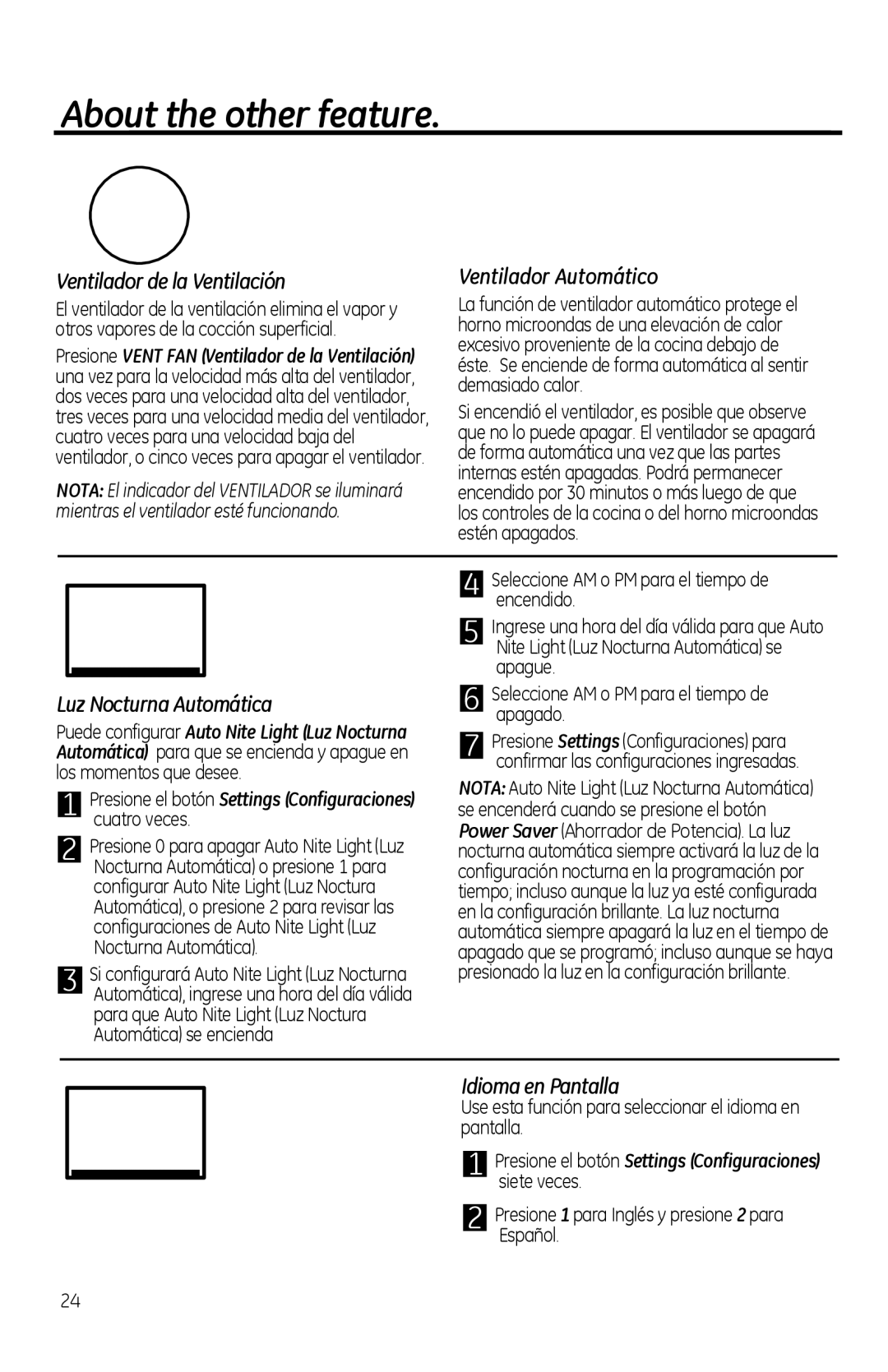 GE PVM1970 owner manual Ventilador de la Ventilación Ventilador Automático, Luz Nocturna Automática, Idioma en Pantalla 